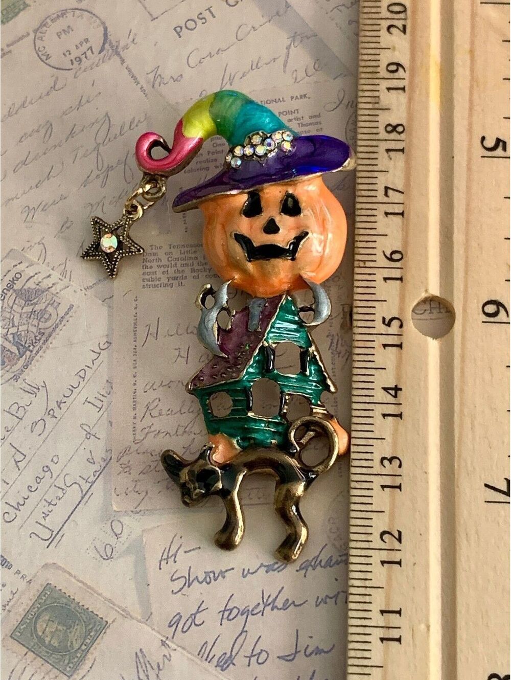 Colorful Enamel Halloween Pumpkin Witch Haunted House Cat Brooch Pin - Picture 3 of 4